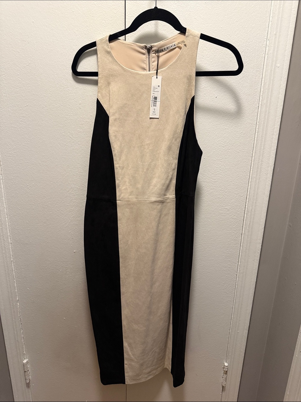 Alice + Olivia Beige and Black genuine suede  Panel Midi Dress